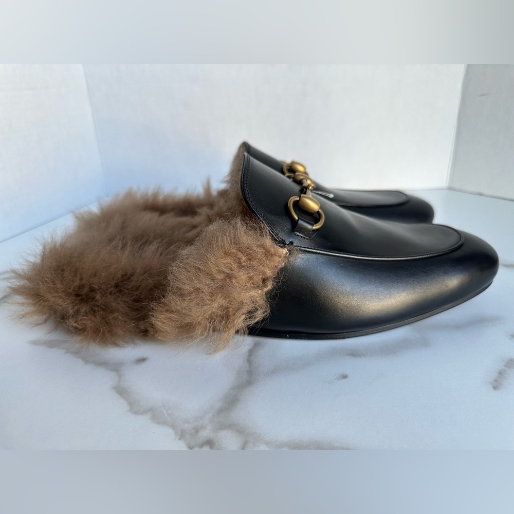 Gucci Princetown Black Leather Fur Loafer Slide Slip On Mule Slipper Flat 9 - Picture 7 of 14